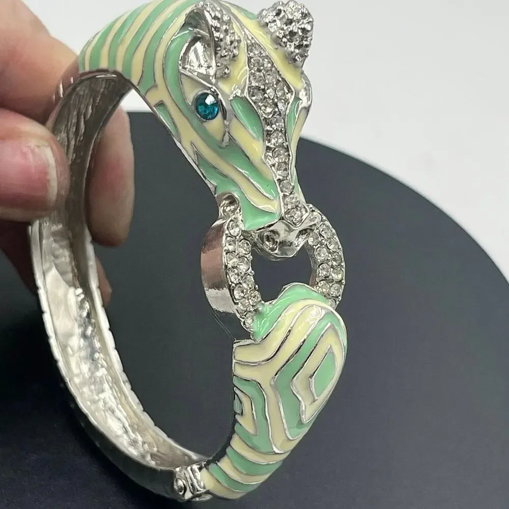 Mint and Cream Zebra with Stripes Hinged‎ Rhinestone Blue Eyes Bangle Bracelet
